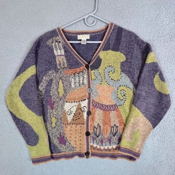 SIGRID OLSEN WOMENS CARDIGAN PURPLE GREEN SIZE L - Picture 1 of 10